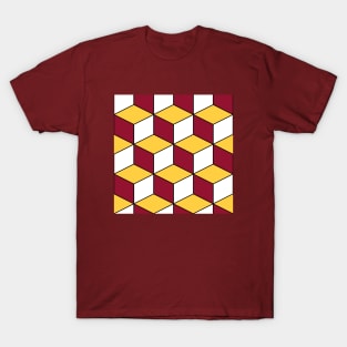 Burgundy and Gold Isometric Cubes Optical Illusion Pattern T-Shirt